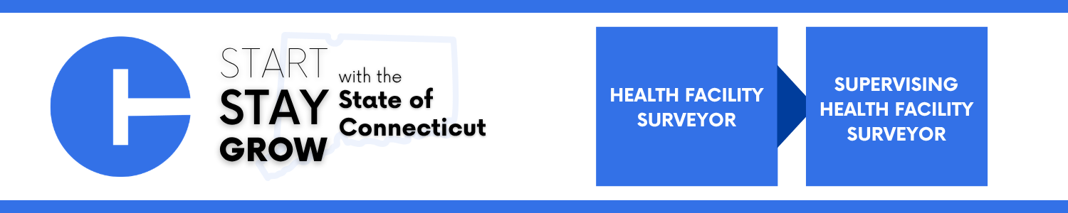 Career Progression that says "Start, stay, grow at the State of Connecticut" with a career progression that starts at Health Facility Surveyor and ends at Supervising Health Facility Surveyor.